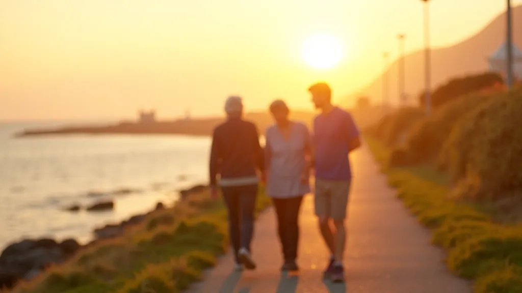 Couple walking along coastal promenade at sunset