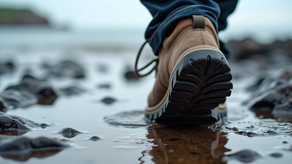 Close-up of hiking boot sole showing treaded pattern resting on wet rocky coastal surface with seawater nearby