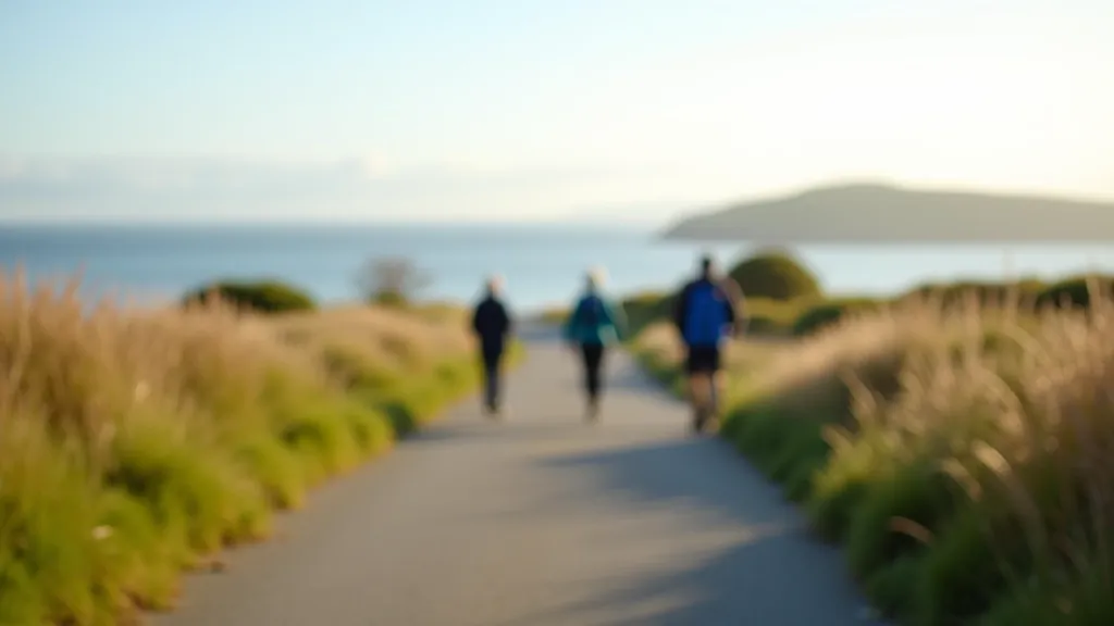 Peaceful coastal walking path with clear visibility, comfortable pace, natural terrain and bay views in distance