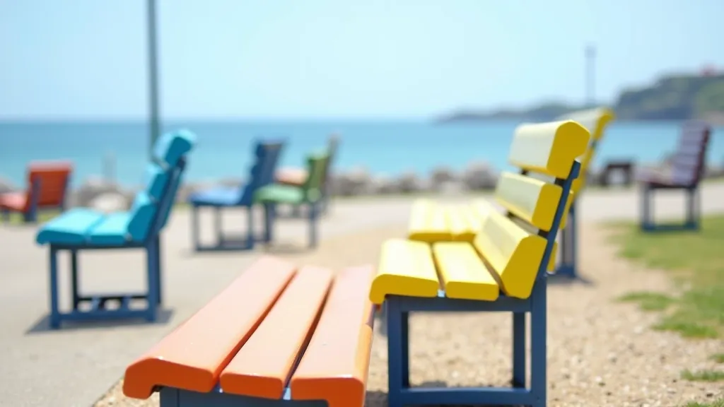 Multiple painted benches in bright colors arranged along sandy beach area with ocean view and people relaxing in background