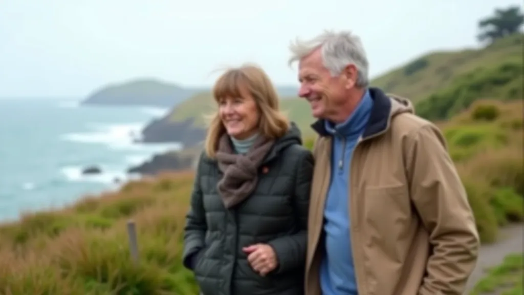 Older couple dressed in layered casual clothing walking along coastal promenade with calm sea behind them