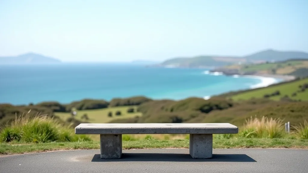 Elevated concrete bench positioned on high ground with sweeping panoramic view of Galway Bay, Aran Islands visible in distance, dramatic cloudy sky