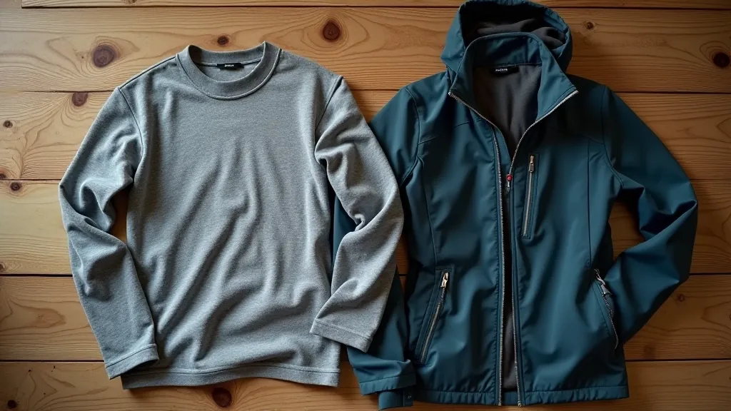 Layered casual clothing items arranged on wooden surface showing base layer, mid layer fleece, and waterproof jacket in neutral colors
