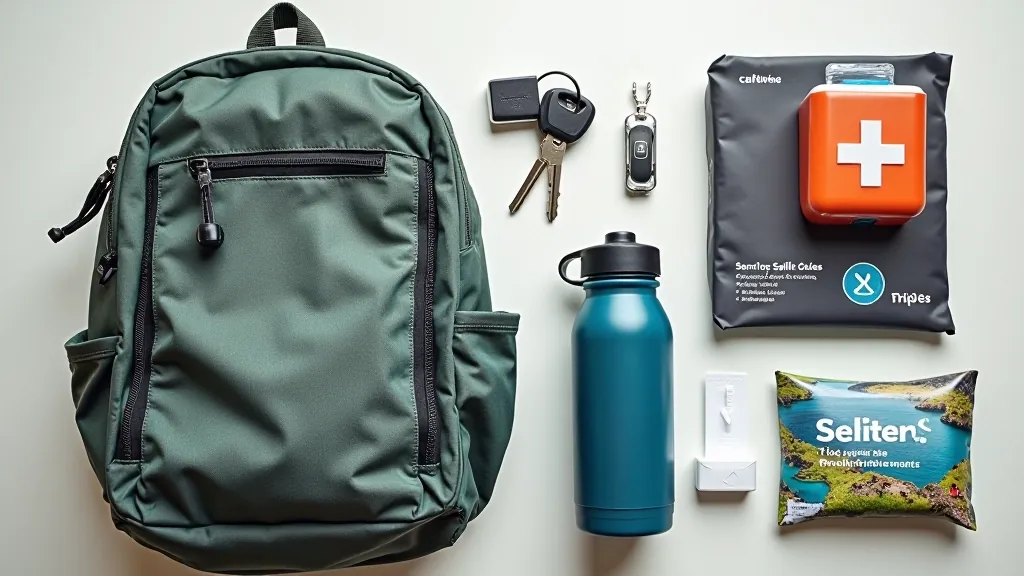 Rucksack and walking essentials laid out including water bottle, phone, keys, and small first aid items on neutral background