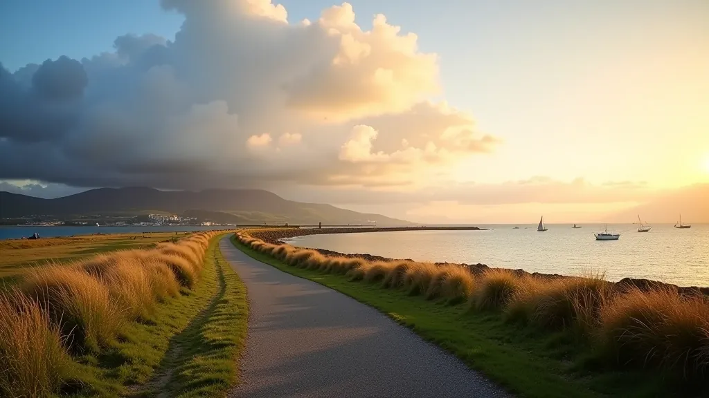 Galway Bay vista from coastal path, distant mountains, sailboats on water, dramatic sky with clouds, golden hour lighting