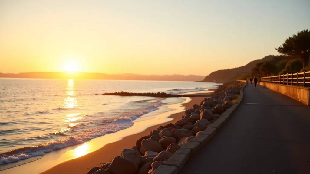 Coastal landscape view of Galway Bay during golden hour, showing Salthill promenade stretching into the distance with gentle waves and clear sky