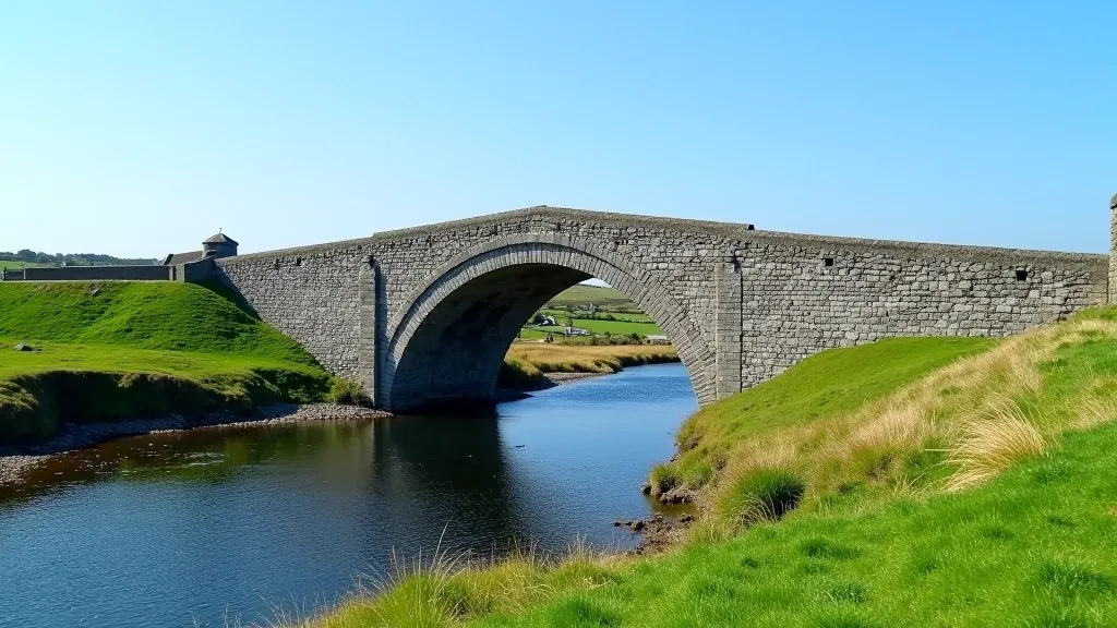 Historic stone bridge spanning across water with traditional Irish architecture and blue sky