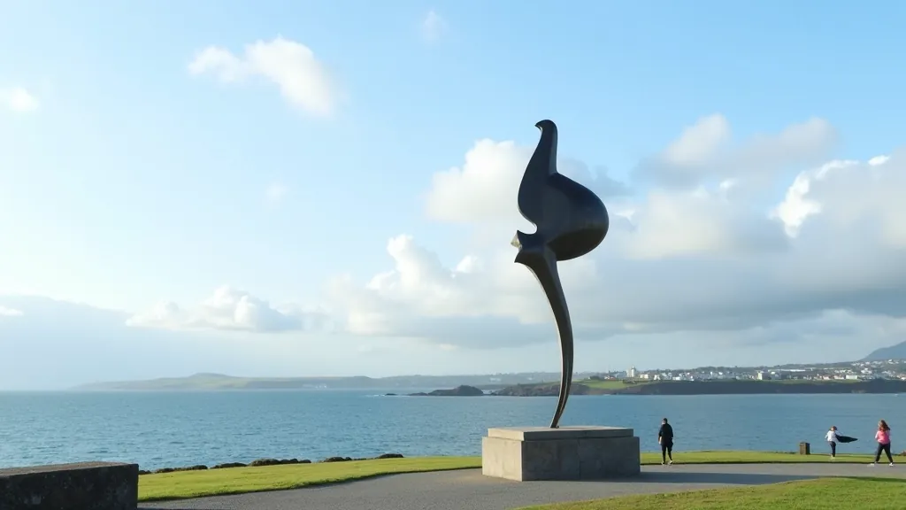 Modern sculpture overlooking Galway Bay, abstract metal artwork against sea and sky, contemporary public art installation