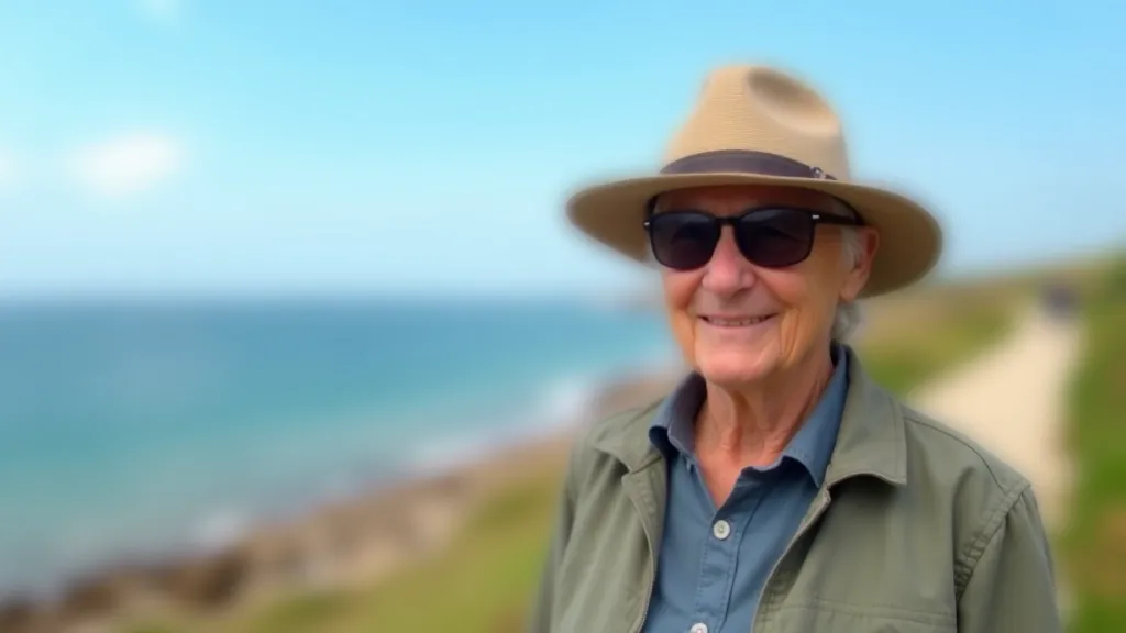 Person wearing wide-brimmed hat and sunglasses with ocean and coastal path visible in background during sunny day