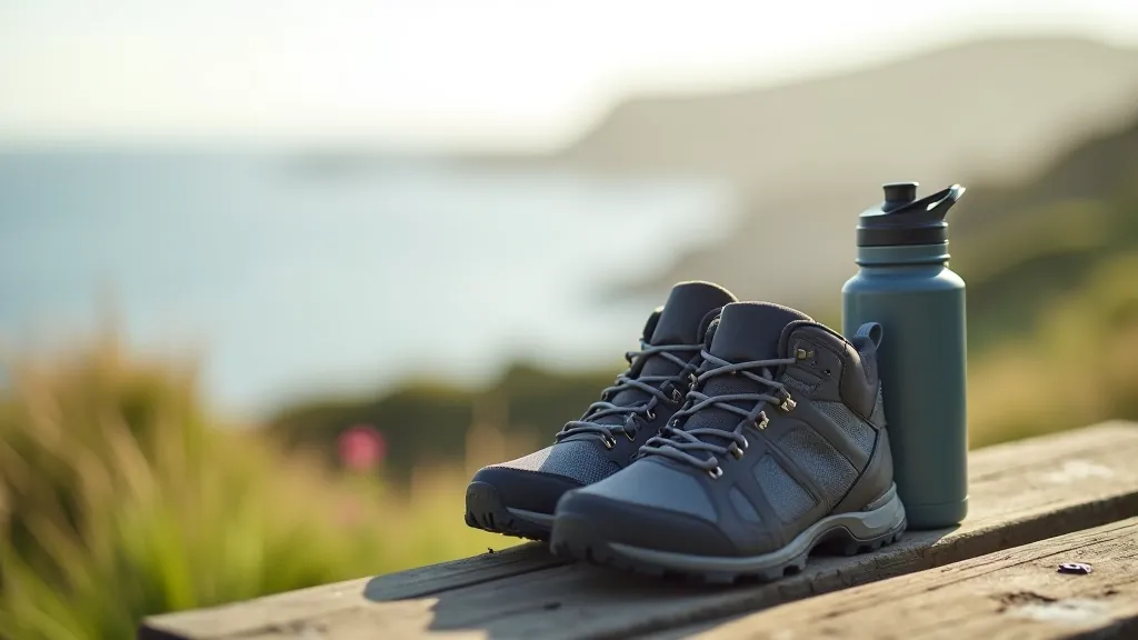 Walking shoes and a water bottle on a bench overlooking the coast, morning light suggesting preparation for a coastal walk