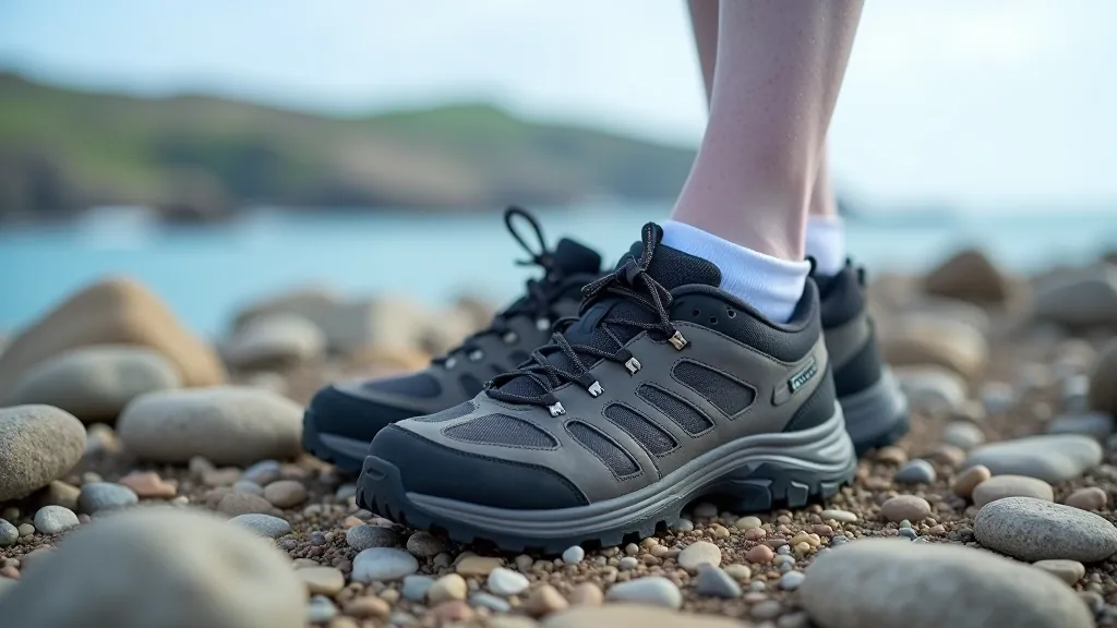 Quality walking shoes on rocky coastal terrain showing proper footwear
