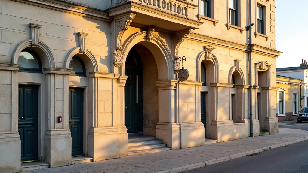 Restored Victorian building facade with ornate stonework and arched windows, Salthill seafront, golden afternoon light