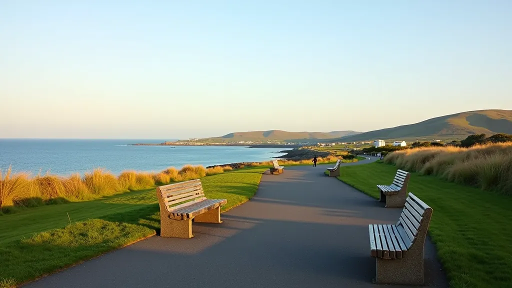 Wide panoramic view of Salthill Promenade stretching along the coast with benches and walking path visible in golden afternoon light