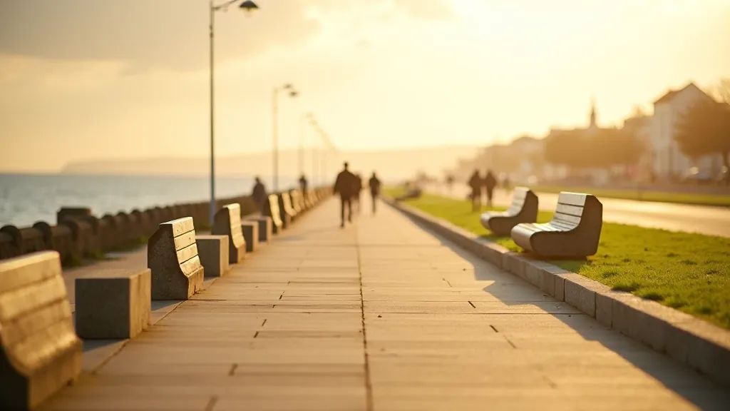 Salthill promenade pathway with comfortable seating areas overlooking Galway Bay, afternoon natural light, peaceful setting