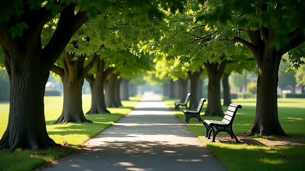Tree-shaded seating area with dappled sunlight filtering through leaves onto benches, peaceful park setting with coastal views