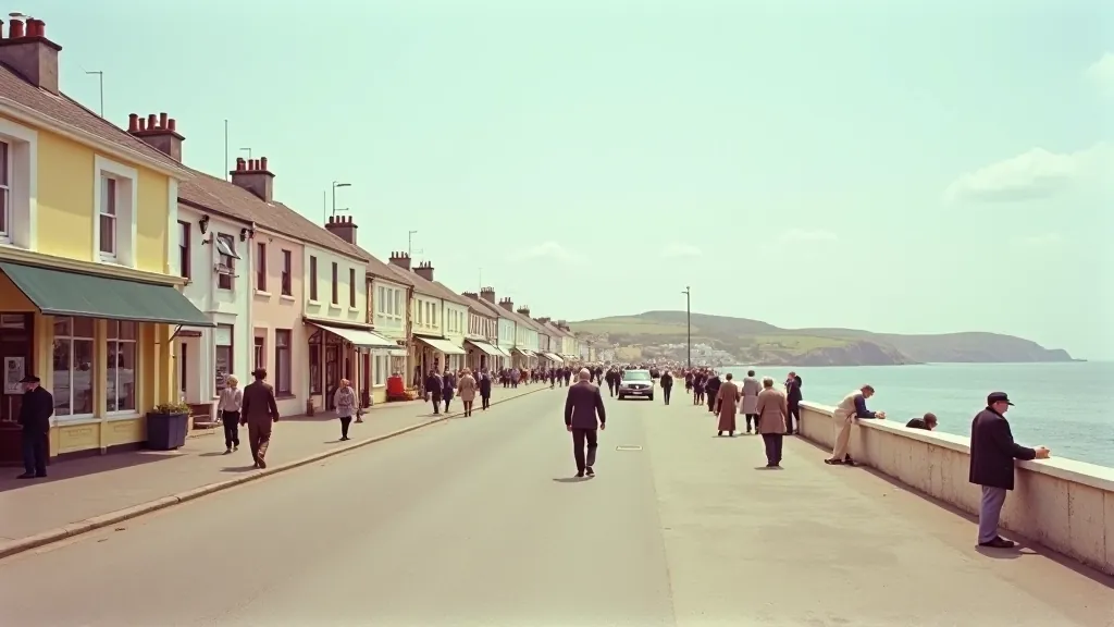 Vintage postcard-style photograph of Salthill promenade from the 1950s, showing period buildings and visitors in old-fashioned clothing, nostalgic color tones