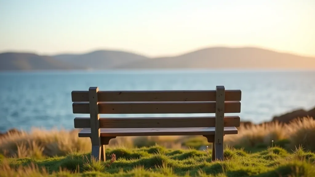 Wooden bench facing ocean on coastal path with peaceful seating area