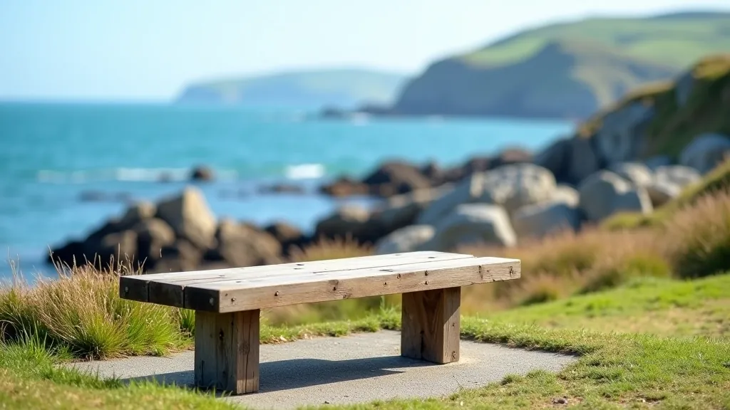 Wooden bench facing out toward the water with rocky coastline and blue sea visible, comfortable seating position overlooking Galway Bay